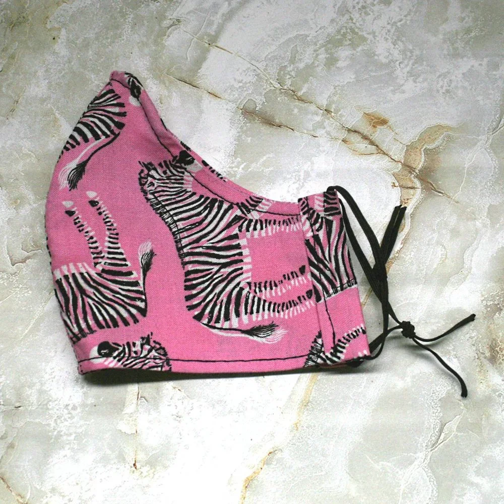 HAND CRAFTED Face Mask Pink Zebra Adult Cloth Fabric Print - Shield Style